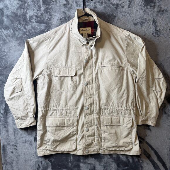 Vintage Eddie Bauer Coat Long Sleeve Chore Wool Lined Beige Outdoor Gear - Picture 1 of 9
